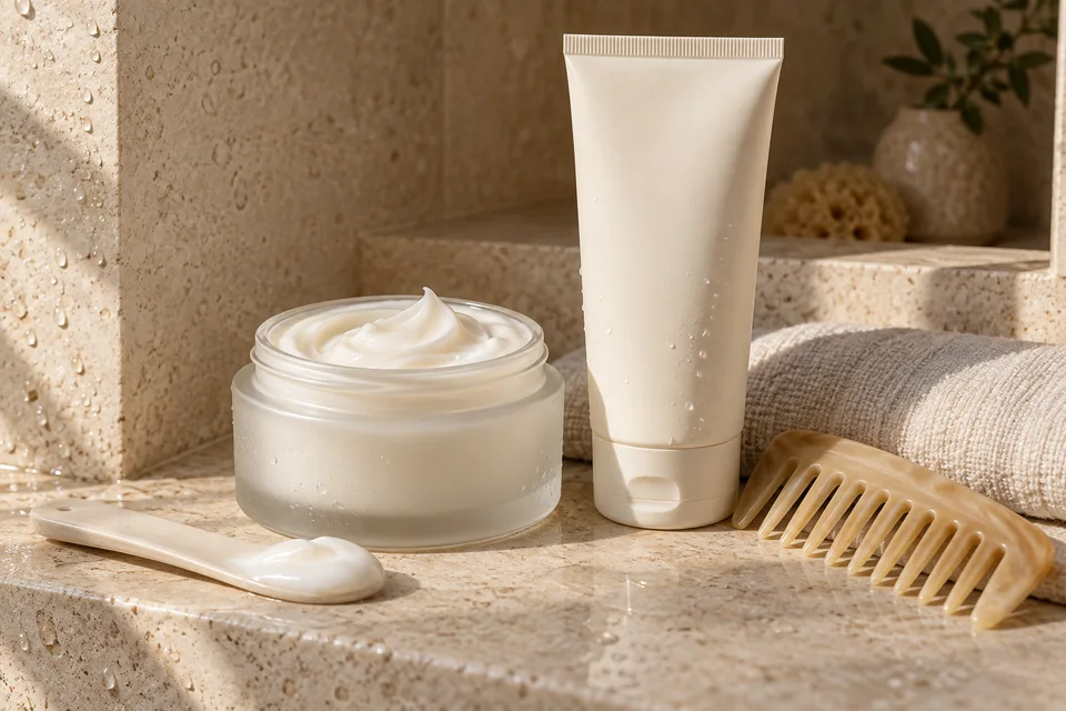 Pot d’après-shampoing crémeux, tube assorti et peigne à dents larges dans une niche en pierre humide.