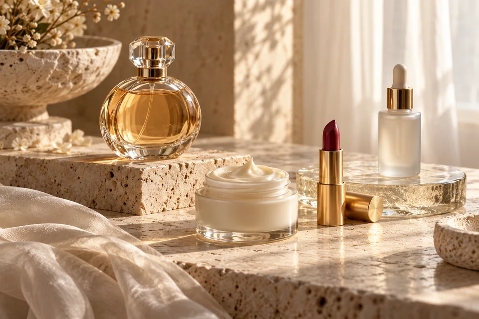 Flacon de parfum, pot de crème, rouge à lèvres et sérum sur des socles de pierre claire et de verre.
