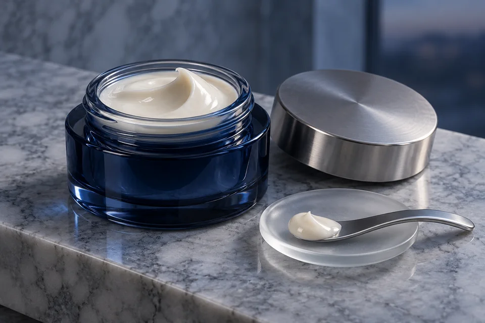 Pot de crème bleu nuit ouvert, couvercle argenté et spatule sur une coupelle en verre dépoli.