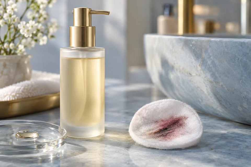 Frosted bottle with a gold pump and a makeup-stained cotton pad on blue stone.