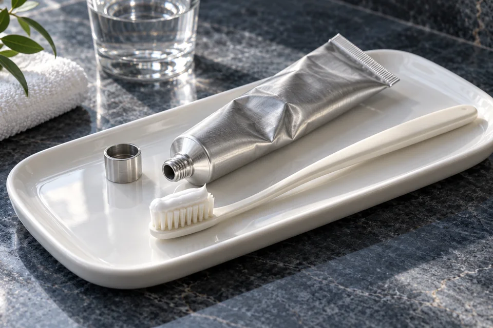 Open metal toothpaste tube and a toothbrush with white paste on a porcelain tray.