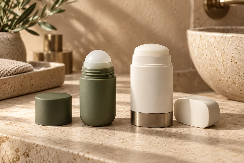 Open olive roll-on and ivory deodorant stick on a stone vanity.