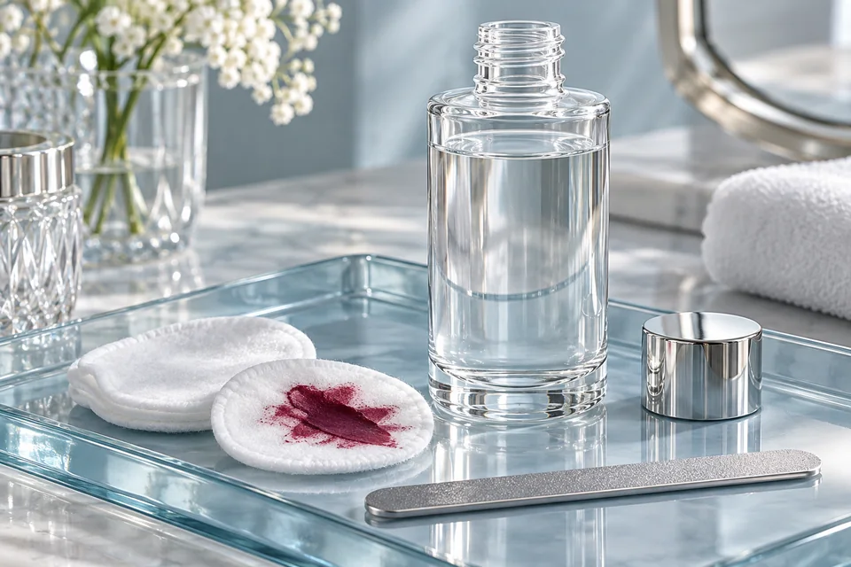 Clear open bottle, cotton stained with burgundy polish and a nail file on glass.