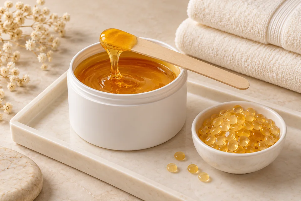 Amber depilatory wax in a pot, a wooden spatula and a bowl of wax beads.
