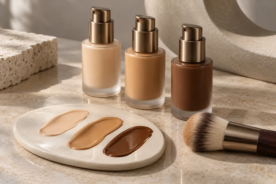 Trois fonds de teint du beige clair au brun, avec leurs échantillons et un pinceau de maquillage.