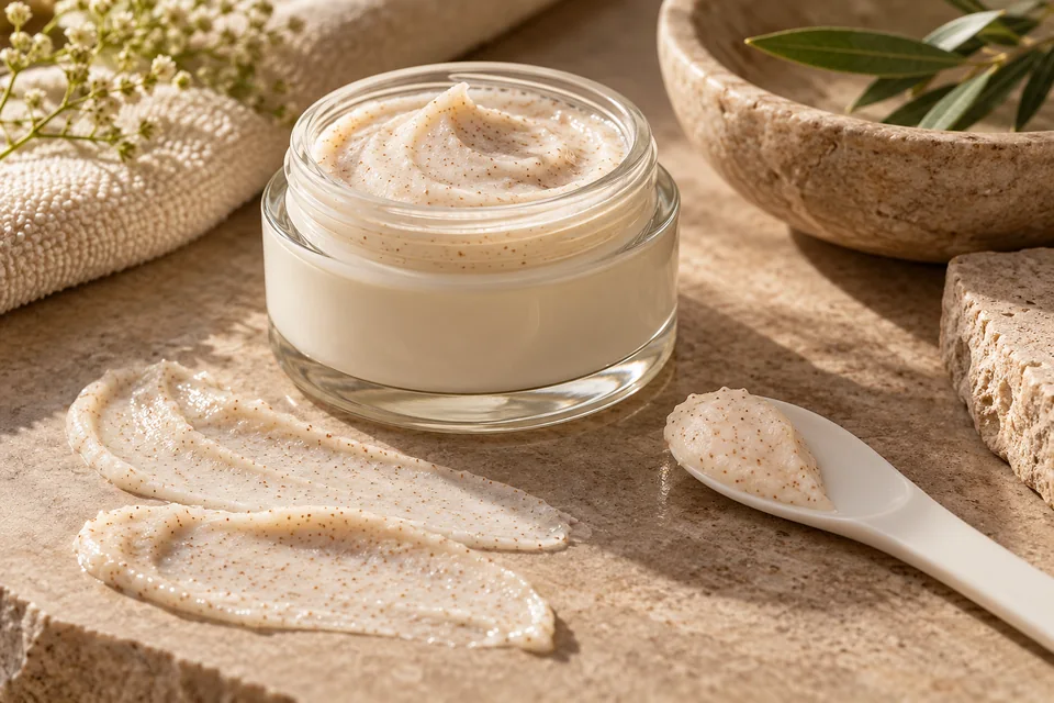 Open scrub jar and a porcelain spatula holding cream with fine particles.