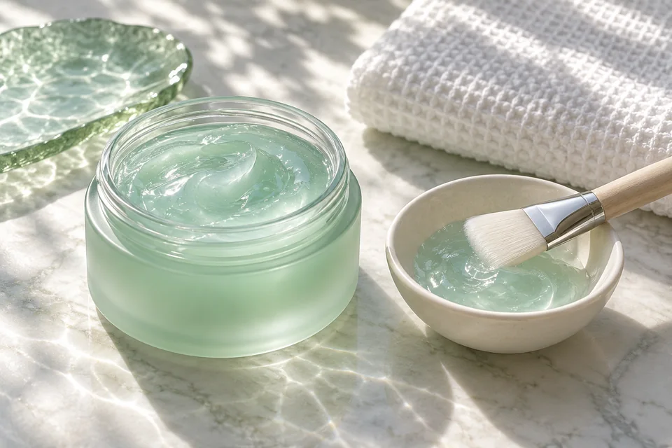 Pot de masque en gel vert pâle, coupelle, pinceau plat et serviette blanche.