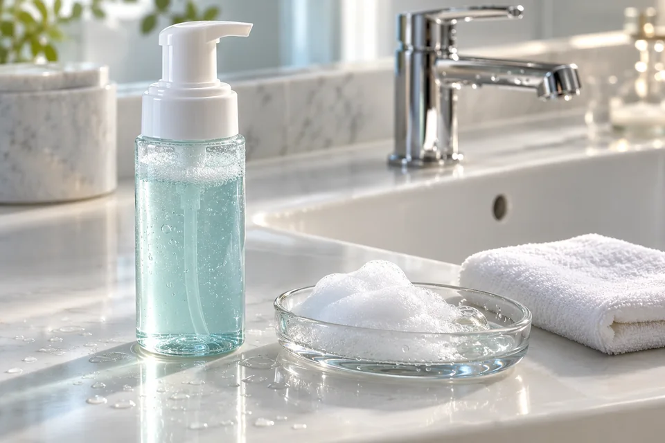 Flacon-pompe translucide et mousse blanche dans une coupelle de verre, près d’un lavabo et d’une serviette.