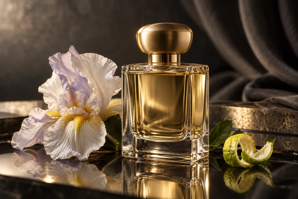 Flacon de parfum doré accompagné d’un iris pâle et d’un zeste d’agrume sur du verre fumé.