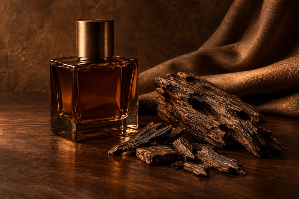 Flacon de parfum ambré et fragments de bois sombre sur une table en noyer.