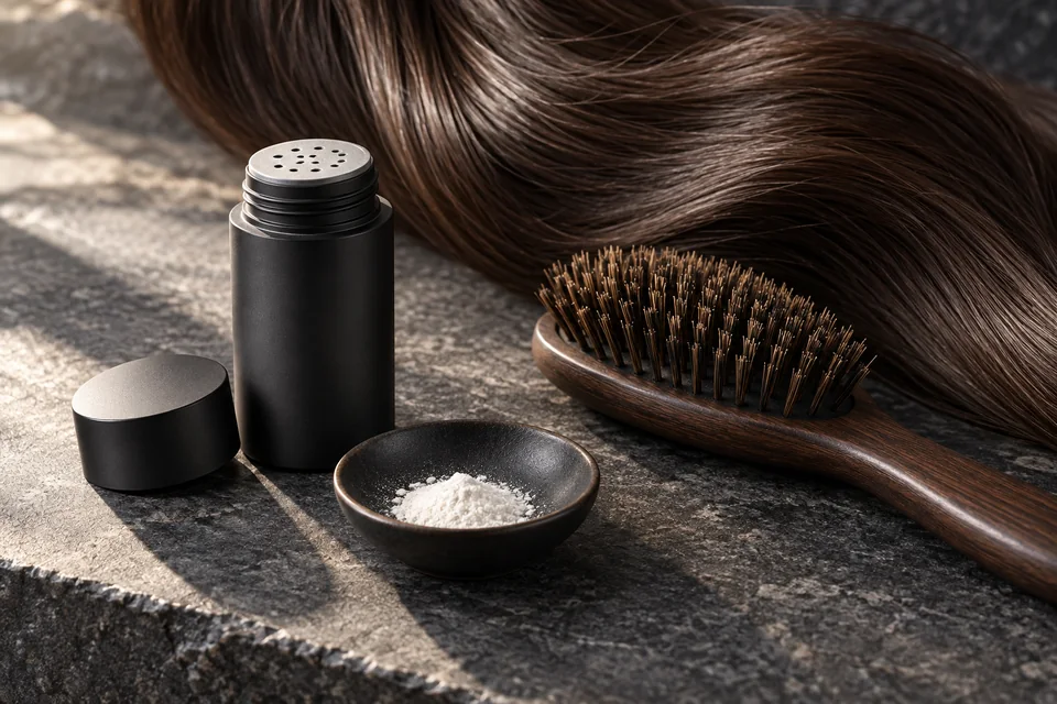 Black powder shaker, light powder and a wooden hairbrush beside brown hair.