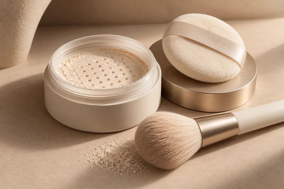 Open loose-powder jar with a velvet puff and a soft cosmetic brush.