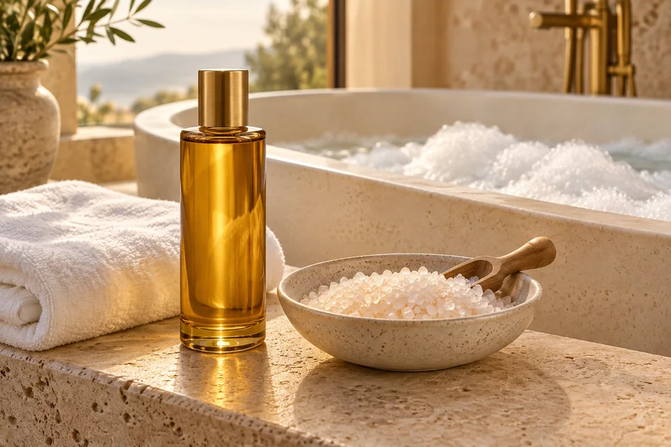 Flacon ambré d’huile de bain, bol de sels et serviette près d’une baignoire moussante en lumière chaude.