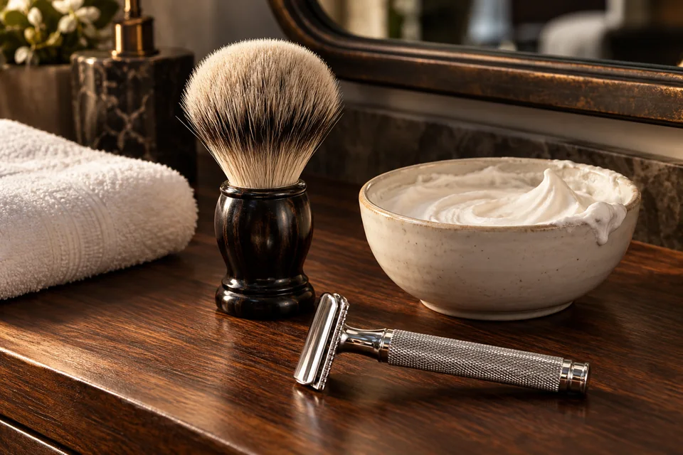 Blaireau, rasoir de sûreté chromé et bol de mousse disposés sur un meuble de toilette en bois foncé.