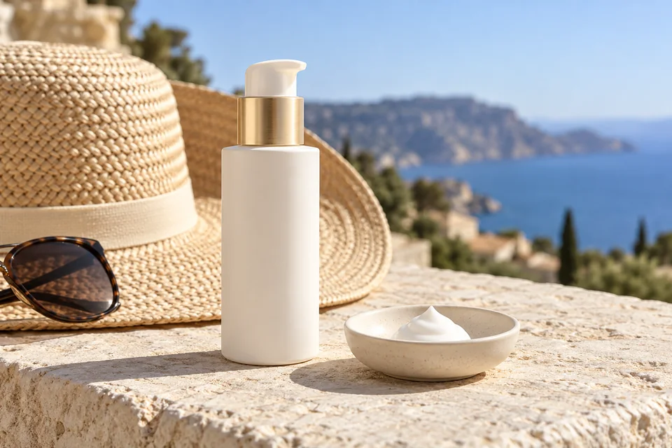 Ivory pump bottle, cream, straw hat and sunglasses overlooking the sea.