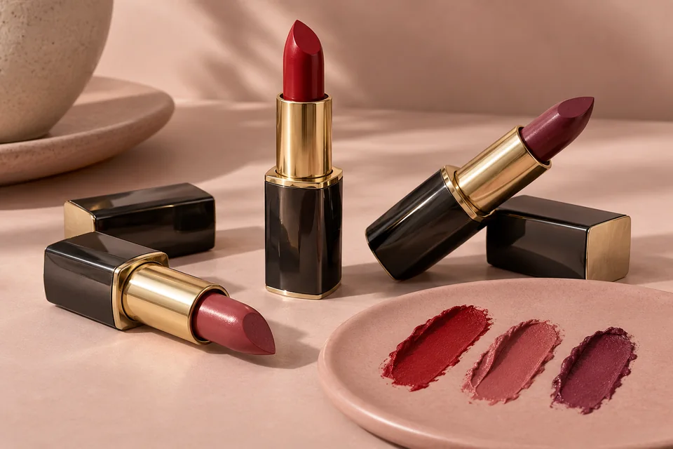 Trois rouges à lèvres rouge, rose et prune avec leurs touches de couleur sur une palette rosée.