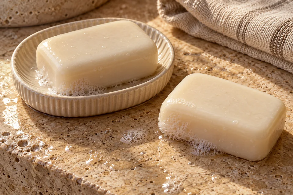 Two ivory soap bars with fine lather on wet travertine.
