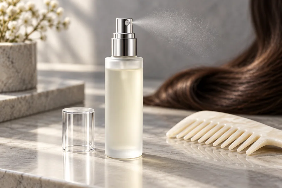 Flacon de soin capillaire liquide en fine brume, peigne ivoire et mèche de cheveux bruns.
