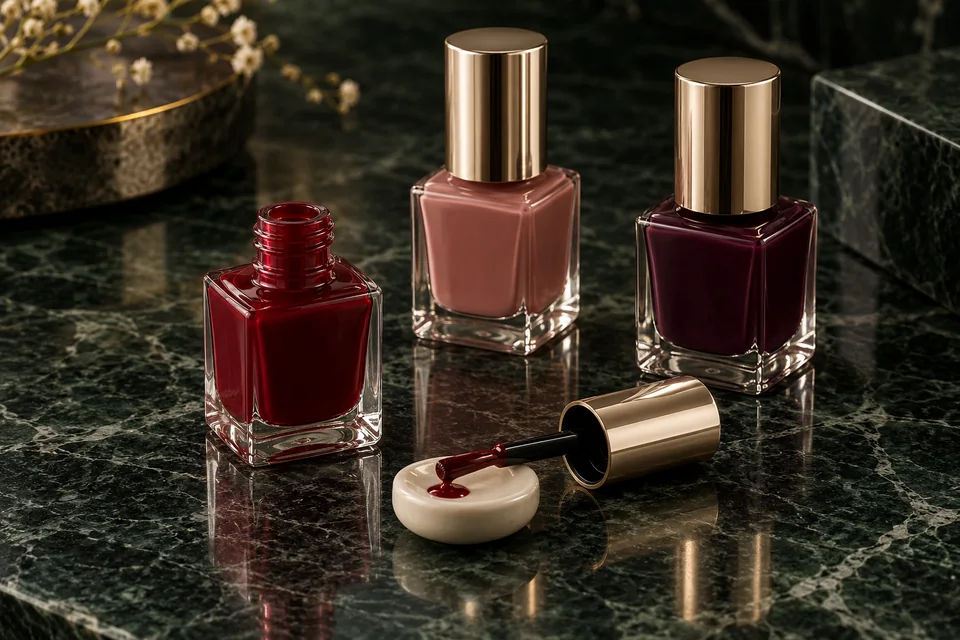Red, nude and plum nail polishes with a lacquer-coated brush on green marble.